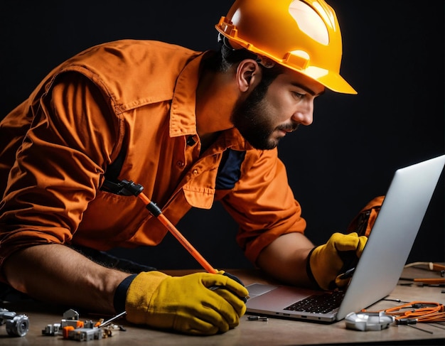 Foto foto do construtor em um colete de construção e capacete laranja de pé no fundo do estúdio