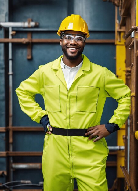 Foto foto do construtor em um colete de construção e capacete laranja de pé no fundo do estúdio