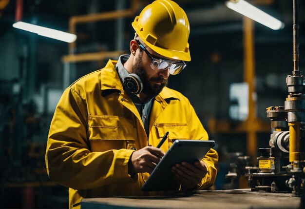 Foto do construtor em um colete de construção e capacete laranja de pé no fundo do estúdio