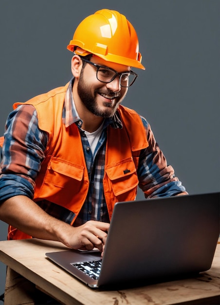 Foto foto do construtor em um colete de construção e capacete laranja de pé no fundo do estúdio