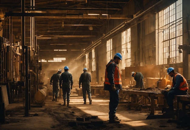 Foto do construtor em um colete de construção e capacete laranja de pé no fundo do estúdio