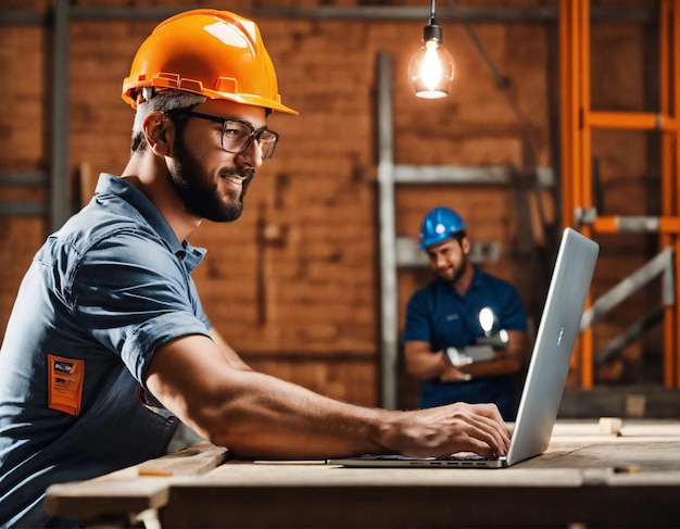 Foto foto do construtor em um colete de construção e capacete laranja de pé no fundo do estúdio