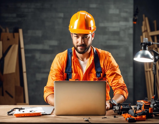 Foto do construtor em um colete de construção e capacete laranja de pé no fundo do estúdio