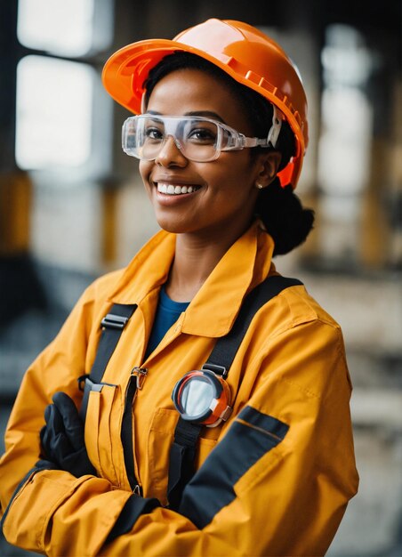 Foto do construtor em um colete de construção e capacete laranja de pé no fundo do estúdio