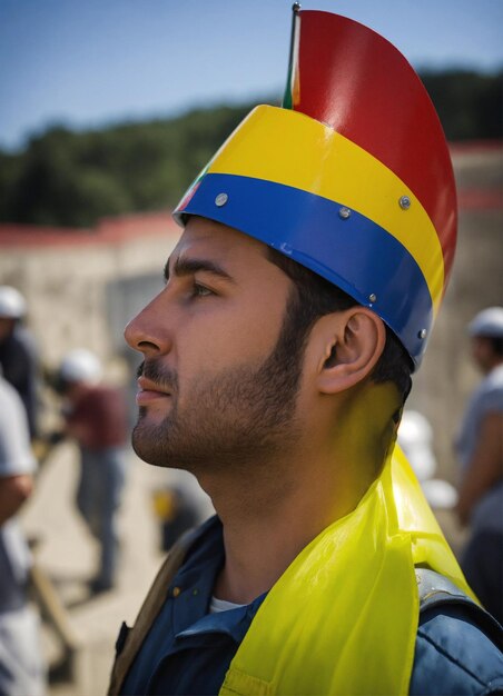 Foto do construtor em um colete de construção e capacete laranja de pé no fundo do estúdio