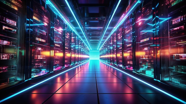 Foto do corredor no data center em funcionamento cheio de servidores em rack e supercomputadores com fundo de IA