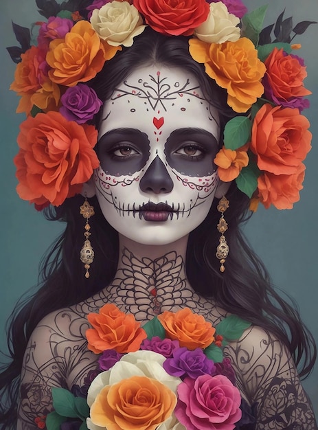 Foto do dia dos mortos Calavera Catrina mulher com tradicional maquilhagem de crânio de açúcar AI Generative