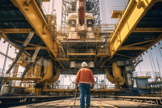 Foto do engenheiro perfurador com vista para a plataforma de perfuração de petróleo gerada por IA