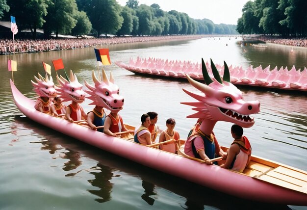 Foto foto do festival do barco do dragão um grupo de pessoas em um barco de fila com cabeças de dragão na frente