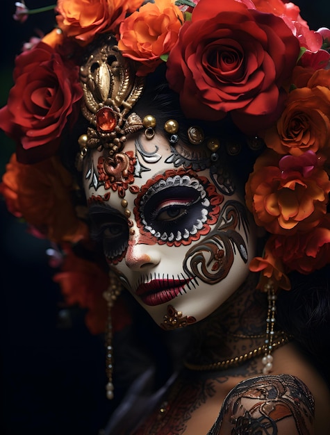 Foto do festival mexicano conhecido como Dia dos Mortos com ai generativa da garota maxicana