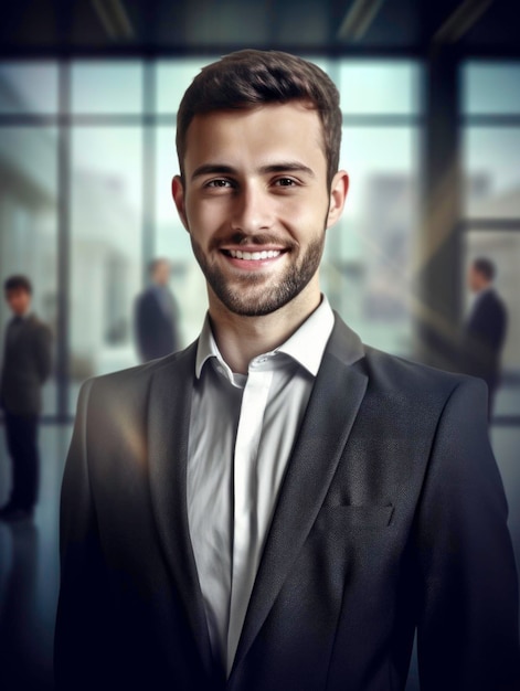 foto do homem de negócios em foco sorrindo fundo com officeGenerated by AI