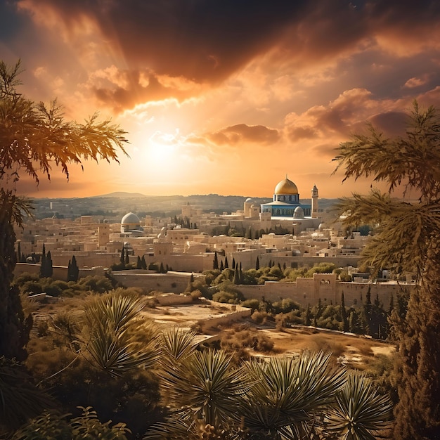 Foto do horizonte de Jerusalém e decoração do pôr-do-sol dourado Majestic East Easter Palm Good Friday Art