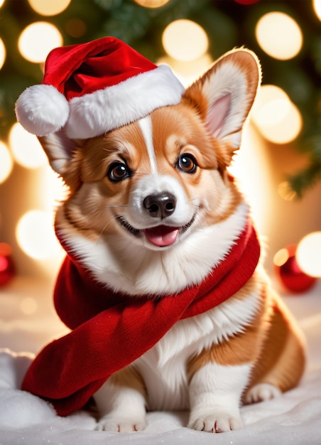 Foto do lindo corgi de Natal usando chapéu de Papai Noel e lenço vermelho