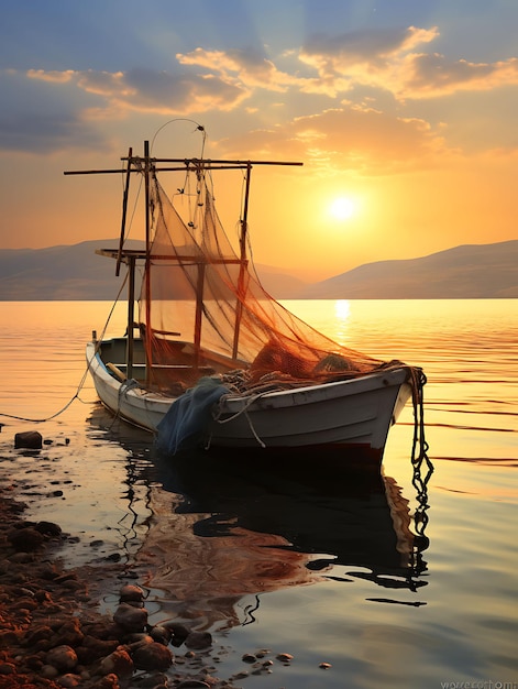 Foto foto do mar da galiléia com um barco de rede de pesca e peixes com um conceito de s bg adoração de páscoa