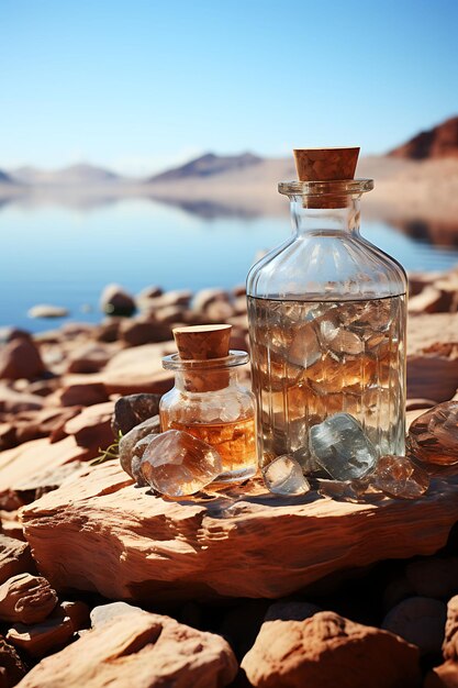 Foto foto do mar morto com um frasco de óleo de unção, incenso e meu conceito bg adoração de páscoa