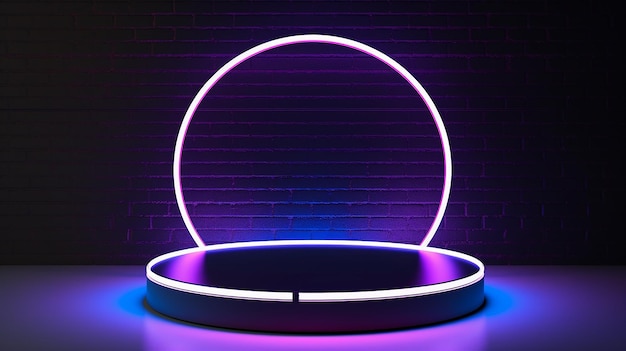 Foto do palco vazio do pódio com luz neon para maquete de exibição do produto