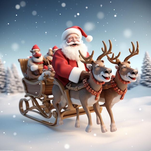 Foto do Papai Noel andando de trenó com veados e caixa de presente