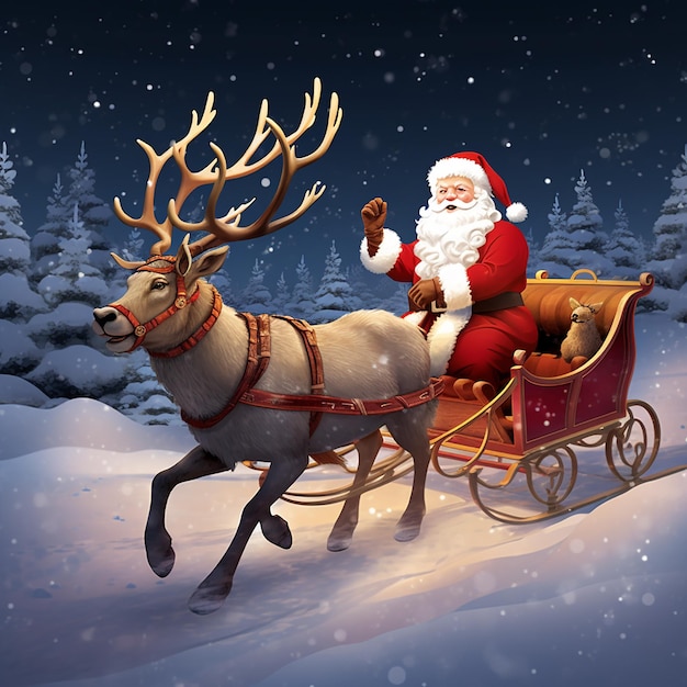 Foto do Papai Noel andando de trenó com veados e caixa de presente