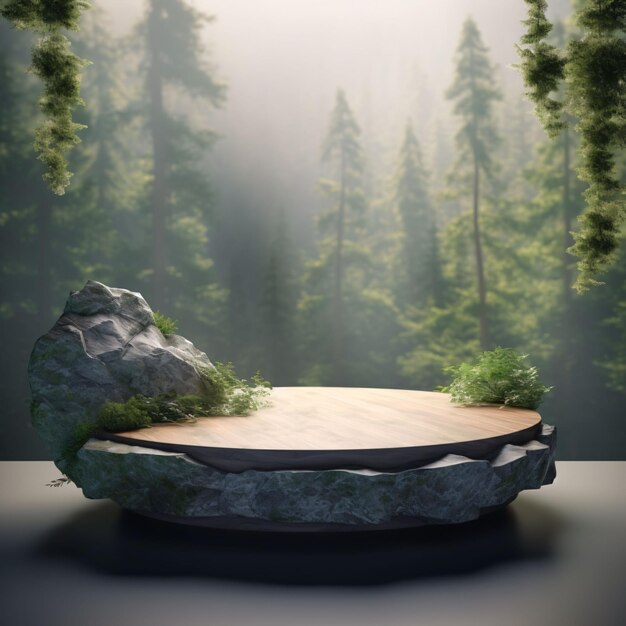 foto do pódio de pedras circulares naturais na floresta para apresentação do produto