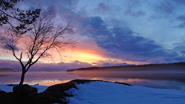 Foto do pôr do sol de inverno no Mar Branco da Carélia à noite