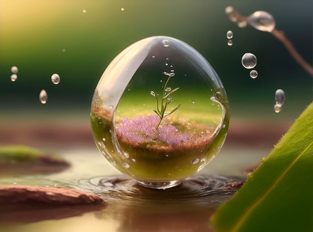 Foto foto do reflexo de uma planta dentro de uma gota super realista