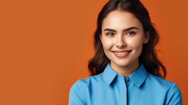 Foto do retrato de uma jovem sorridente mulher confiante sobre fundo colorido