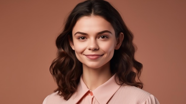 Foto do retrato de uma jovem sorridente mulher confiante sobre fundo colorido