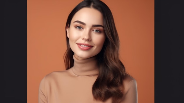 Foto do retrato de uma jovem sorridente mulher confiante sobre fundo colorido