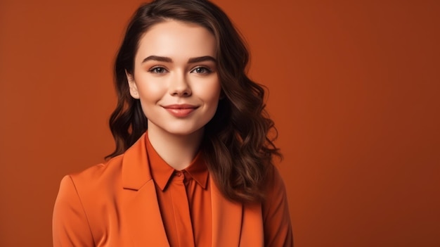 Foto do retrato de uma jovem sorridente mulher confiante sobre fundo colorido