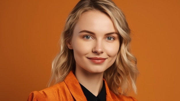 Foto do retrato de uma jovem sorridente mulher confiante sobre fundo colorido