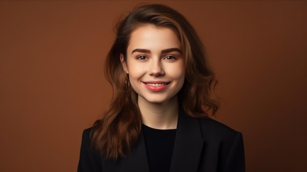 Foto do retrato de uma jovem sorridente mulher confiante sobre fundo colorido