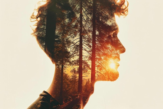 Una foto de doble exposición de la cara de un hombre con árboles al fondo.