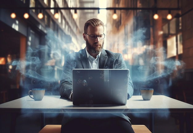 Foto de doble exposición de un hombre de negocios usando una computadora portátil en su escritorio, vista frontal, fondo de oficina