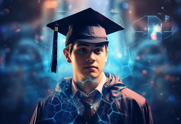 Foto de doble exposición de un joven con imagen realista de fondo de tecnología de gorra de graduación