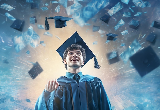 Foto de doble exposición de un joven lanzando una imagen realista de fondo de tecnología de gorra de graduación