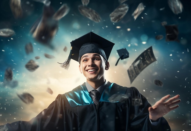 Foto de doble exposición de un joven lanzando una imagen realista de fondo de tecnología de gorra de graduación