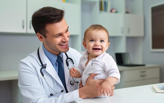 Foto del doctor sosteniendo a un lindo bebé