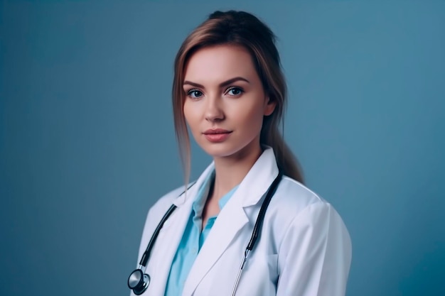 Foto de una doctora en una bata blanca cara serena completamente azul fondo generativo ai