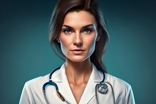 Foto de doctora en bata blanca con estetoscopio alrededor de su cuello cara serena generativa ai