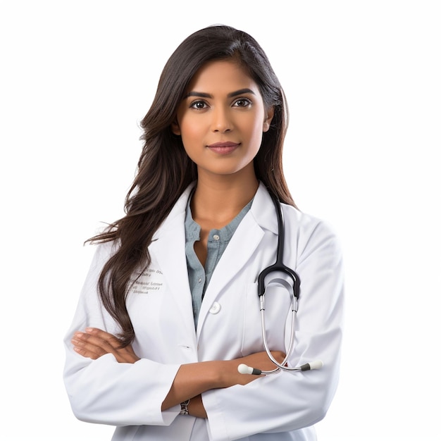 Foto doctora médica en uniforme médico con estetoscopio con los brazos cruzados en el pecho sonriendo