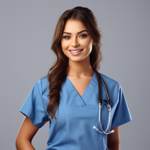 Foto doctora médica en uniforme médico con estetoscopio con los brazos cruzados en el pecho sonriendo