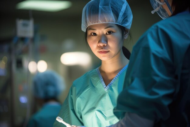 Foto de una doctora realizando una cirugía en un quirófano IA generativa