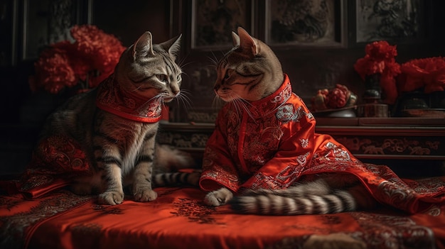 Foto dois gatos em um quimono chinês