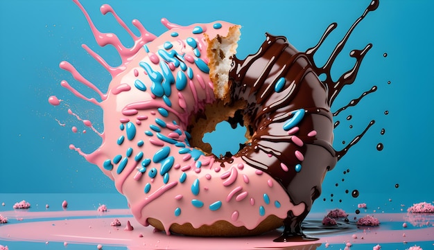 Foto de un donut con glaseado rosa azul y blanco y espolvoreado ai generativo