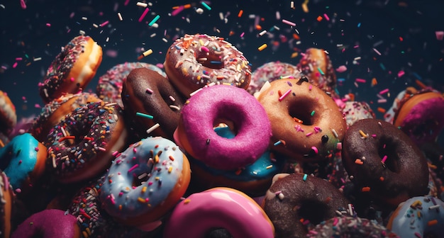 Foto de donuts de diferentes colores en el aire.