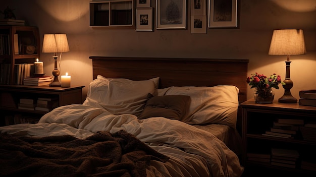 Una foto de un dormitorio acogedor con poca luz de lámpara de colores neutros cálidos