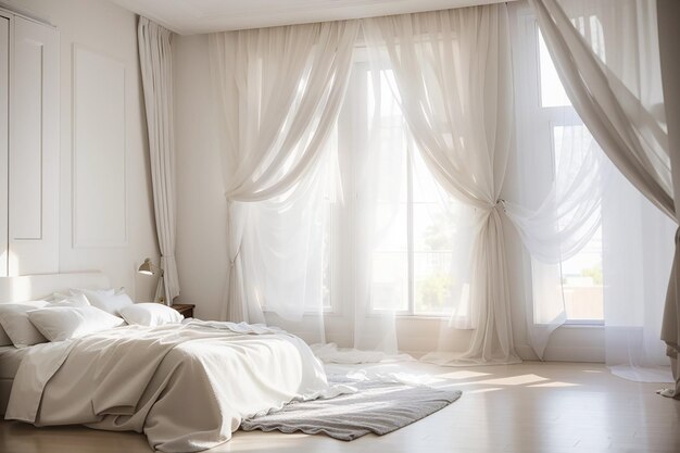 Foto dormitorio blanco con cortinas soplando