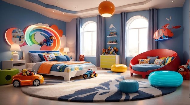 Foto de un dormitorio infantil colorido y caprichoso con temática de arcoíris