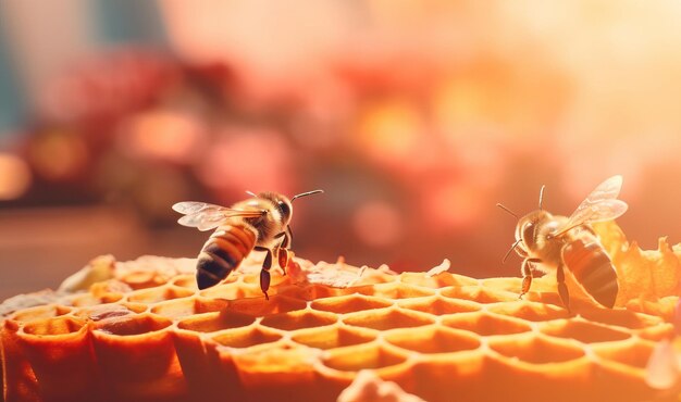 Foto de dos abejas en un panal brillando a la luz del sol.