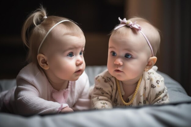 Foto de dos adorables niñas mirando una computadora portátil juntas creadas con IA generativa